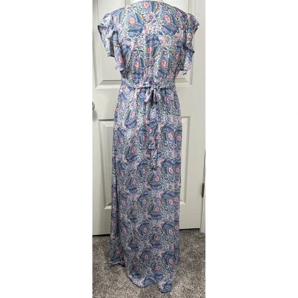Ella Moss Maxi Dress Floral Print V Neck‎ Tie Waist Casual Blue Size L - Picture 3 of 8